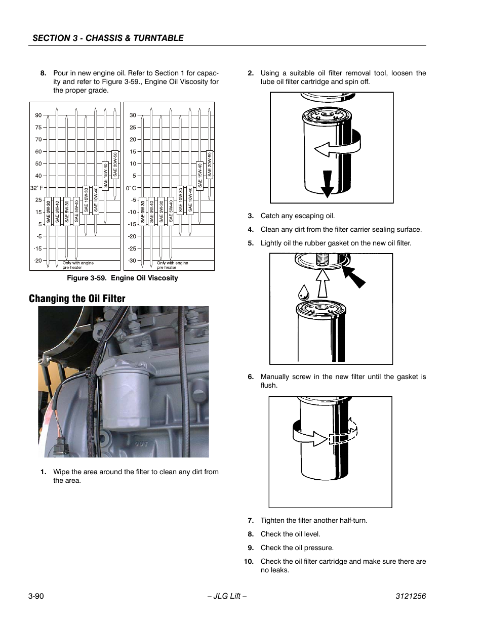 Changing the oil filter, Changing the oil filter -90, Engine oil viscosity -90 | JLG 1100S Service Manual User Manual | Page 132 / 442