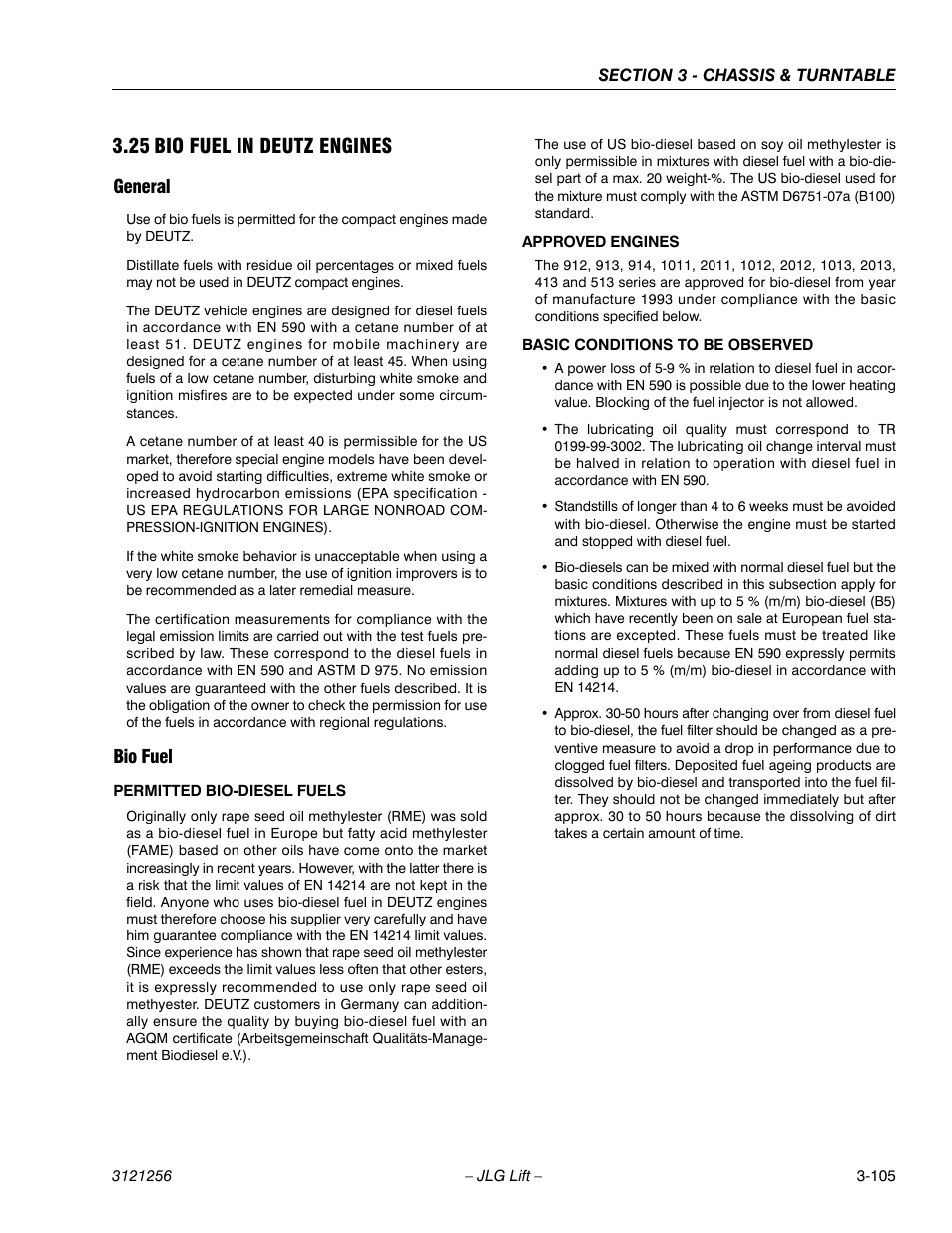 25 bio fuel in deutz engines, General, Bio fuel | Bio fuel in deutz engines -105, General -105 bio fuel -105 | JLG 1100S Service Manual User Manual | Page 147 / 442