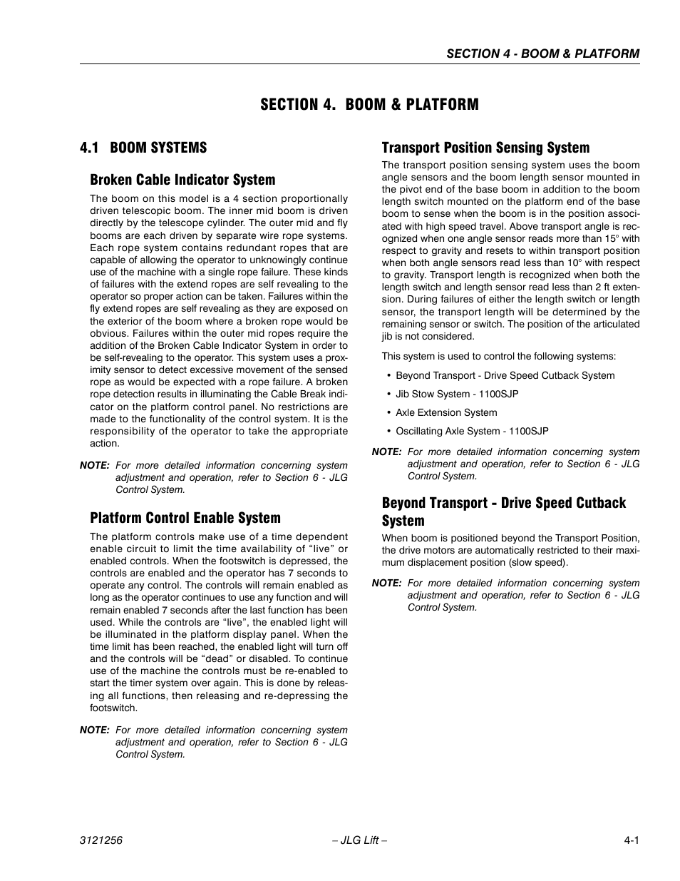 Section 4. boom & platform, 1 boom systems, Broken cable indicator system | Platform control enable system, Transport position sensing system, Beyond transport - drive speed cutback system, Section 4 - boom & platform, Boom systems -1, 1 boom systems broken cable indicator system | JLG 1100S Service Manual User Manual | Page 149 / 442