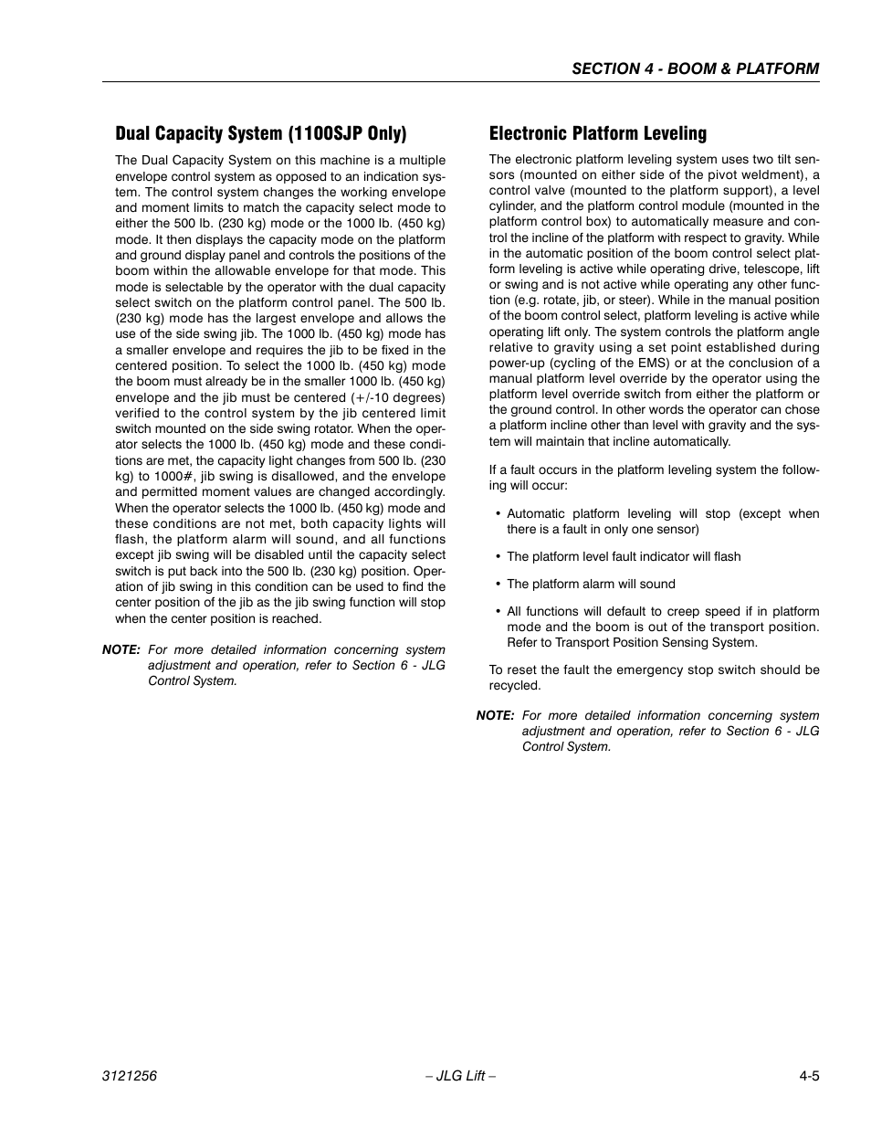 Dual capacity system (1100sjp only), Electronic platform leveling | JLG 1100S Service Manual User Manual | Page 153 / 442