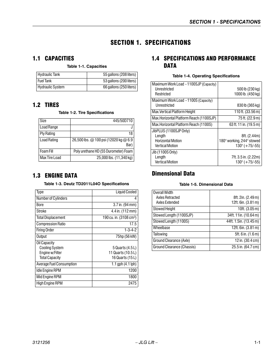 Section 1. specifications, 1 capacities, 2 tires | 3 engine data, 4 specifications and performance data, Dimensional data, Section 1 - specifications, Capacities -1, Tires -1, Engine data -1 | JLG 1100S Service Manual User Manual | Page 17 / 442