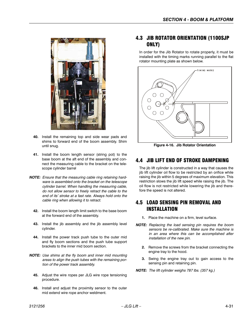 3 jib rotator orientation (1100sjp only), 4 jib lift end of stroke dampening, 5 load sensing pin removal and installation | Jib rotator orientation (1100sjp only) -31, Jib lift end of stroke dampening -31, Load sensing pin removal and installation -31, Jib rotator orientation -31 | JLG 1100S Service Manual User Manual | Page 179 / 442