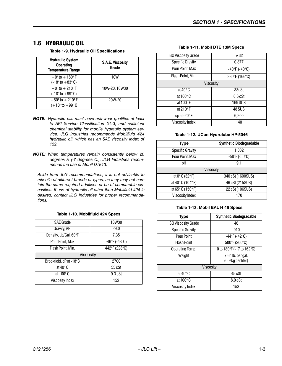 6 hydraulic oil, Hydraulic oil -3, Hydraulic oil specifications -3 | Mobilfluid 424 specs -3, Mobil dte 13m specs -3, Ucon hydrolube hp-5046 -3, Mobil eal h 46 specs -3 | JLG 1100S Service Manual User Manual | Page 19 / 442