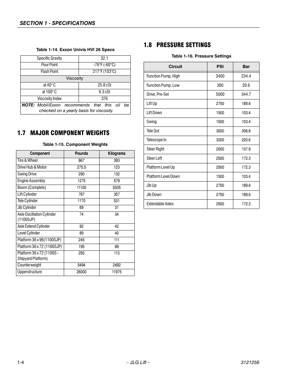 7 major component weights, 8 pressure settings, Major component weights -4 | Pressure settings -4, Exxon univis hvi 26 specs -4, Component weights -4, 7 major component weights 1.8 pressure settings | JLG 1100S Service Manual User Manual | Page 20 / 442