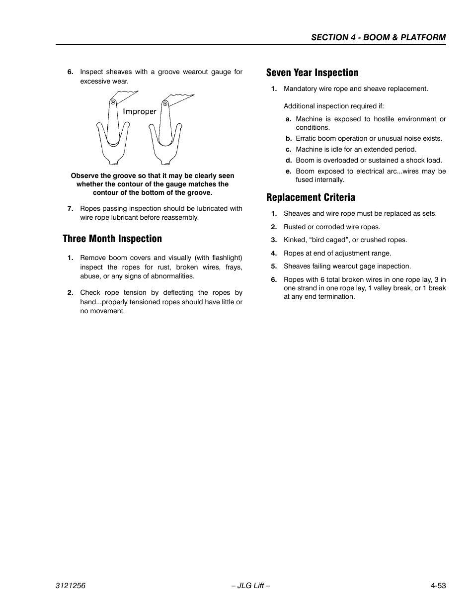 Three month inspection, Seven year inspection, Replacement criteria | JLG 1100S Service Manual User Manual | Page 201 / 442