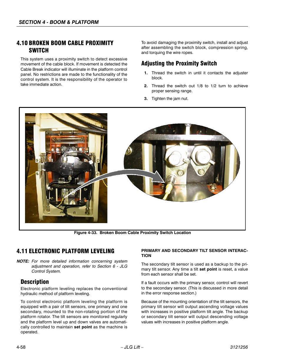 10 broken boom cable proximity switch, Adjusting the proximity switch, 11 electronic platform leveling | Description, Broken boom cable proximity switch -58, Adjusting the proximity switch -58, Electronic platform leveling -58, Description -58, Broken boom cable proximity switch location -58 | JLG 1100S Service Manual User Manual | Page 206 / 442