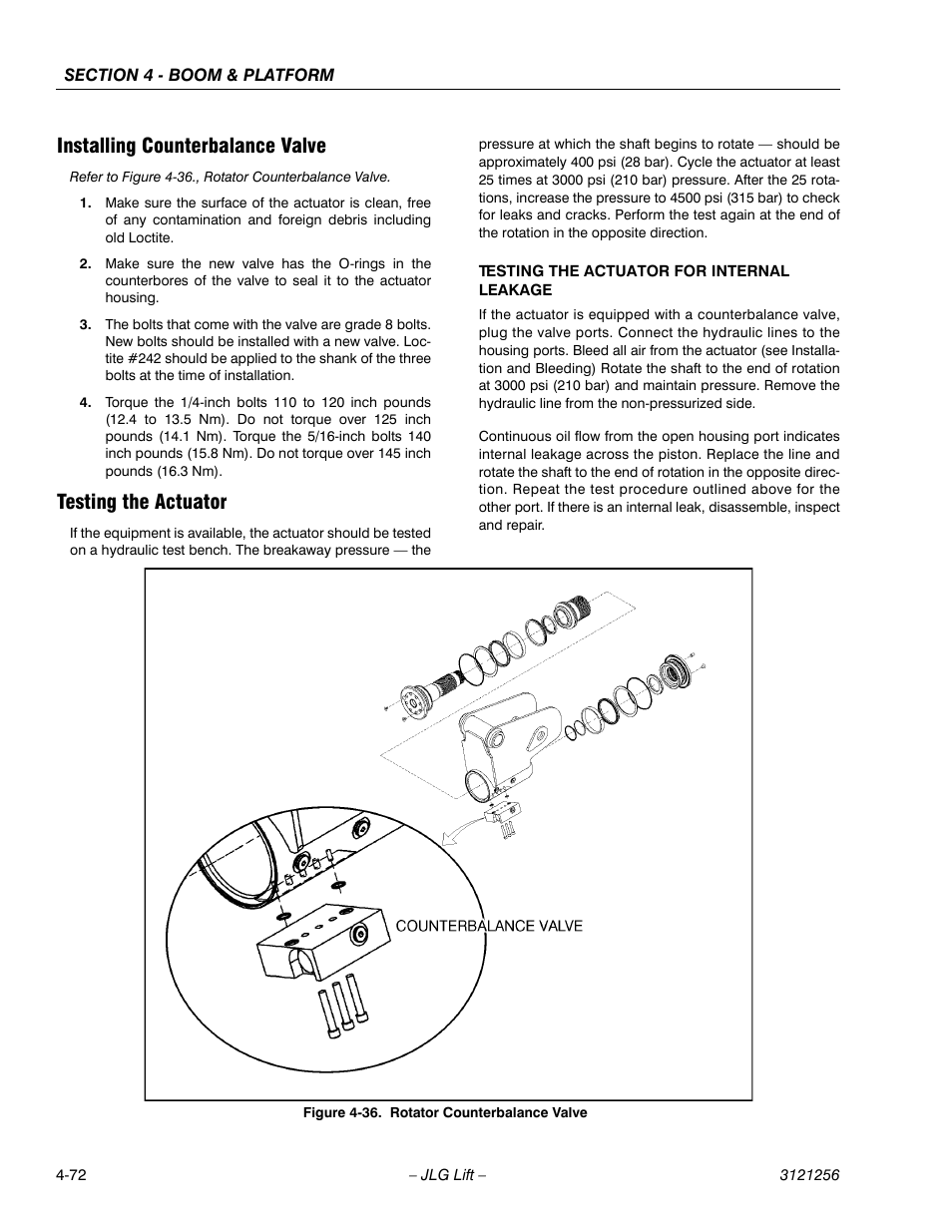 Installing counterbalance valve, Testing the actuator, Rotator counterbalance valve -72 | JLG 1100S Service Manual User Manual | Page 220 / 442