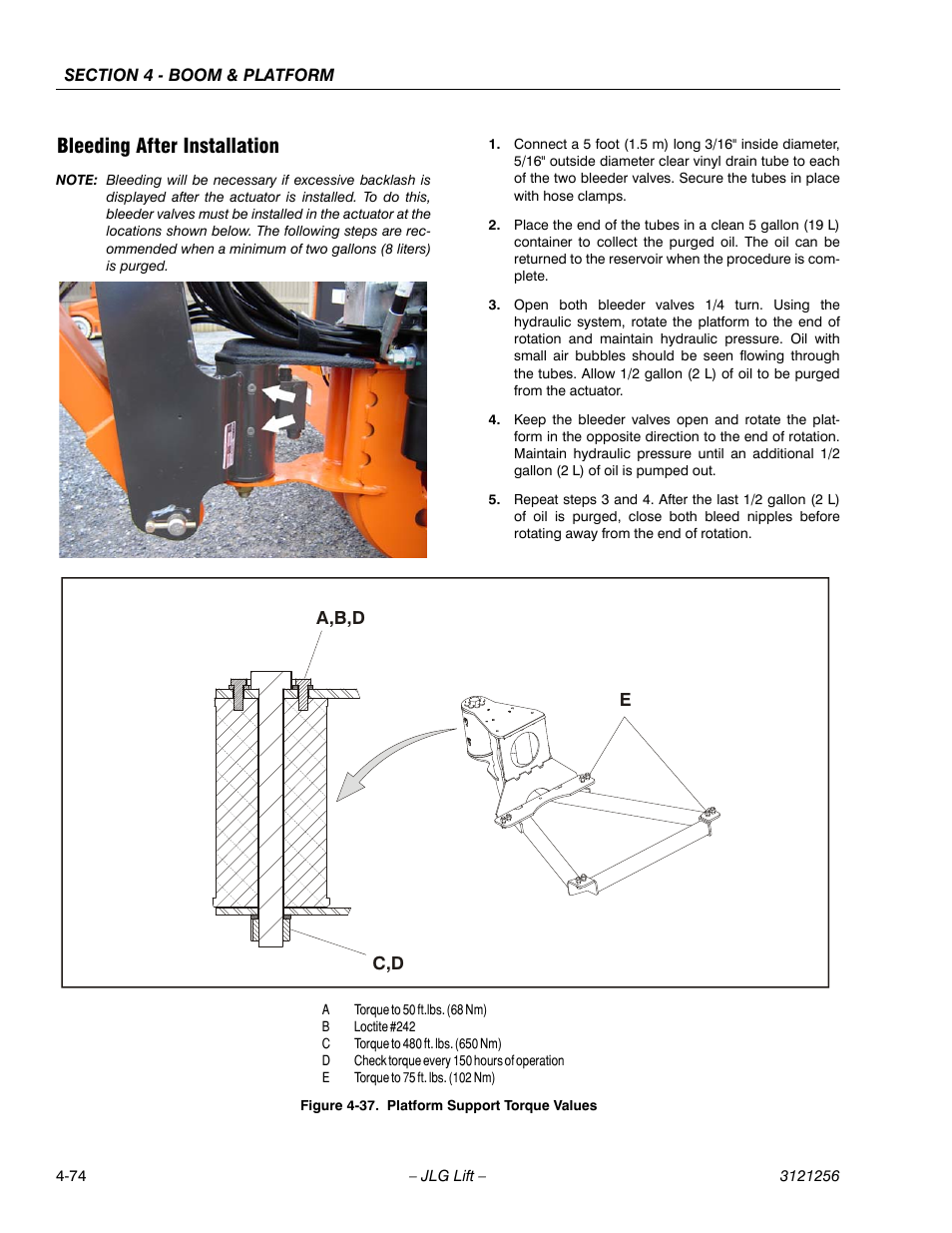 Bleeding after installation, Bleeding after installation -74, Platform support torque values -74 | JLG 1100S Service Manual User Manual | Page 222 / 442