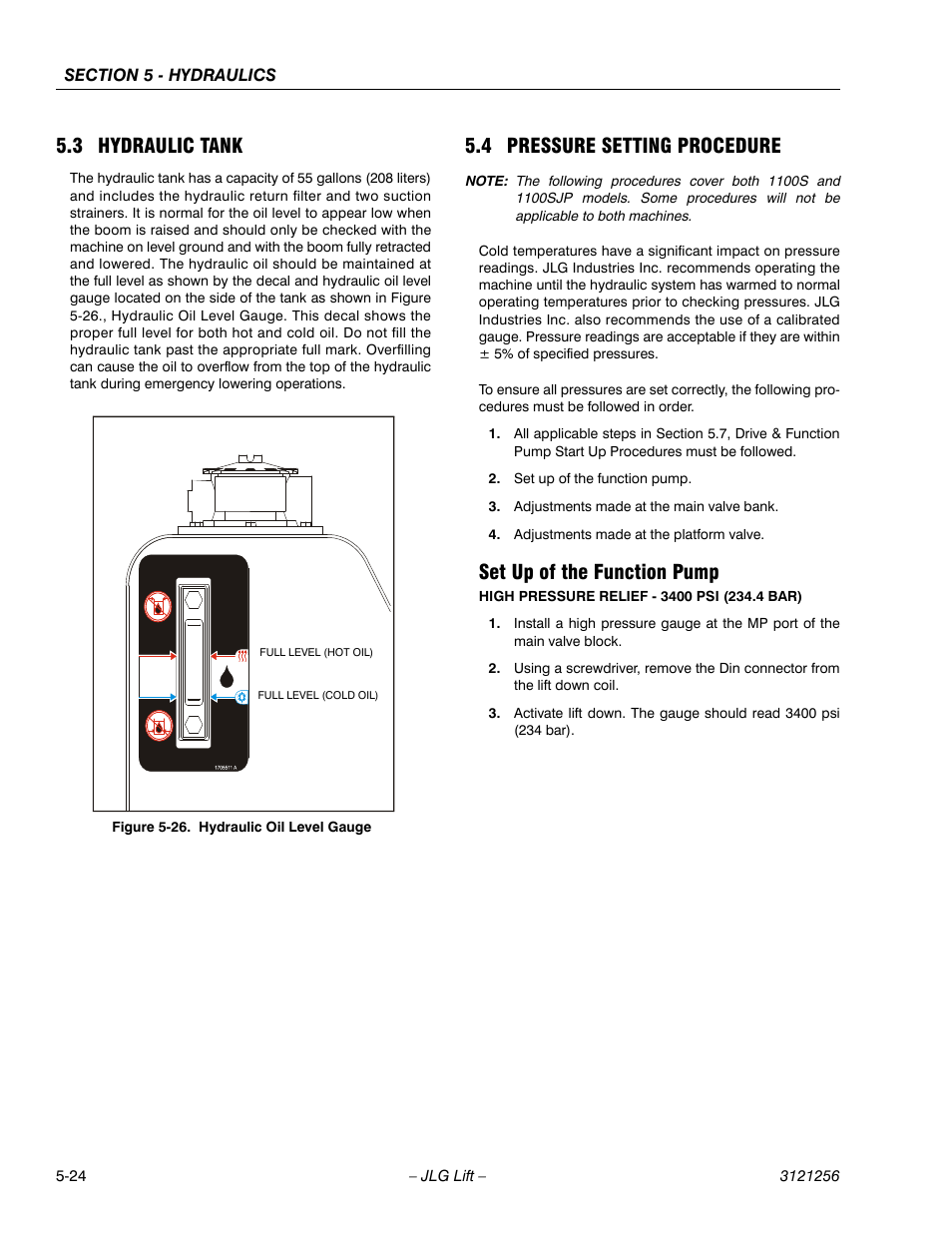 3 hydraulic tank, 4 pressure setting procedure, Set up of the function pump | Hydraulic tank -24, Pressure setting procedure -24, Set up of the function pump -24, Hydraulic oil level gauge -24 | JLG 1100S Service Manual User Manual | Page 246 / 442