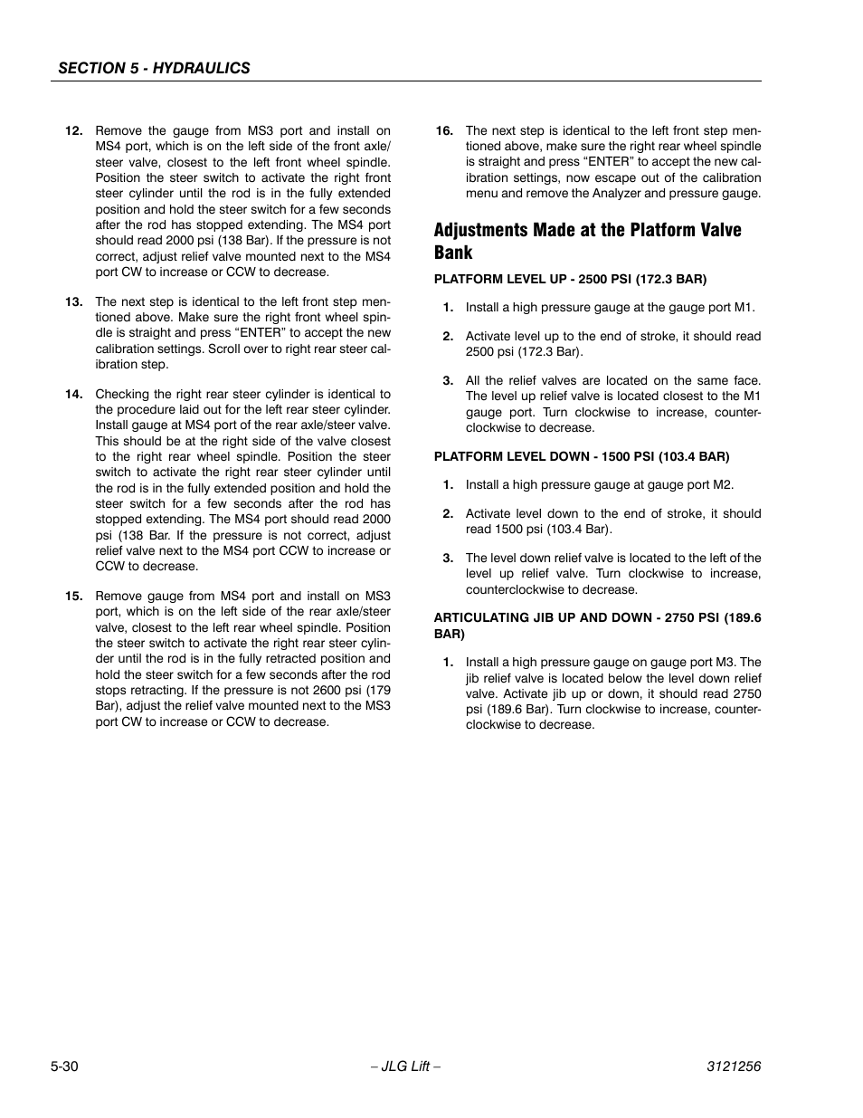 Adjustments made at the platform valve bank, Adjustments made at the platform valve bank -30 | JLG 1100S Service Manual User Manual | Page 252 / 442