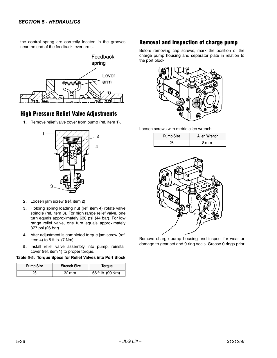 High pressure relief valve adjustments, Removal and inspection of charge pump, Torque specs for relief valves into port block -36 | JLG 1100S Service Manual User Manual | Page 258 / 442