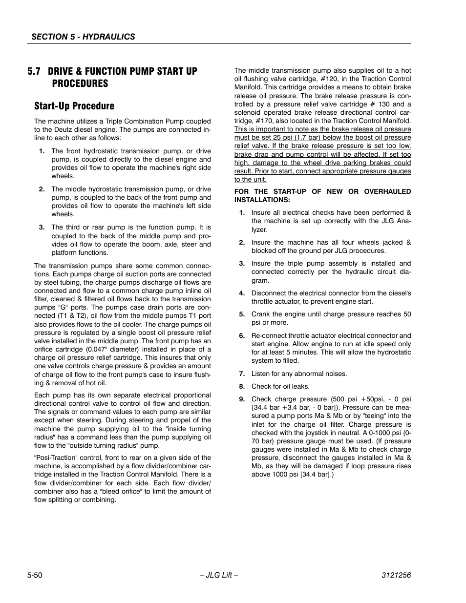 7 drive & function pump start up procedures, Start-up procedure, Drive & function pump start up procedures -50 | Start-up procedure -50 | JLG 1100S Service Manual User Manual | Page 272 / 442