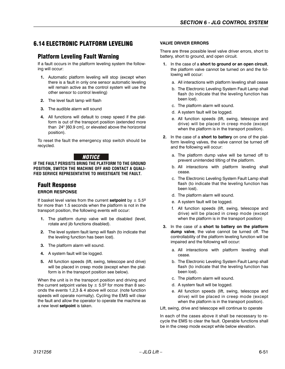 14 electronic platform leveling, Platform leveling fault warning, Fault response | Electronic platform leveling -51 | JLG 1100S Service Manual User Manual | Page 325 / 442