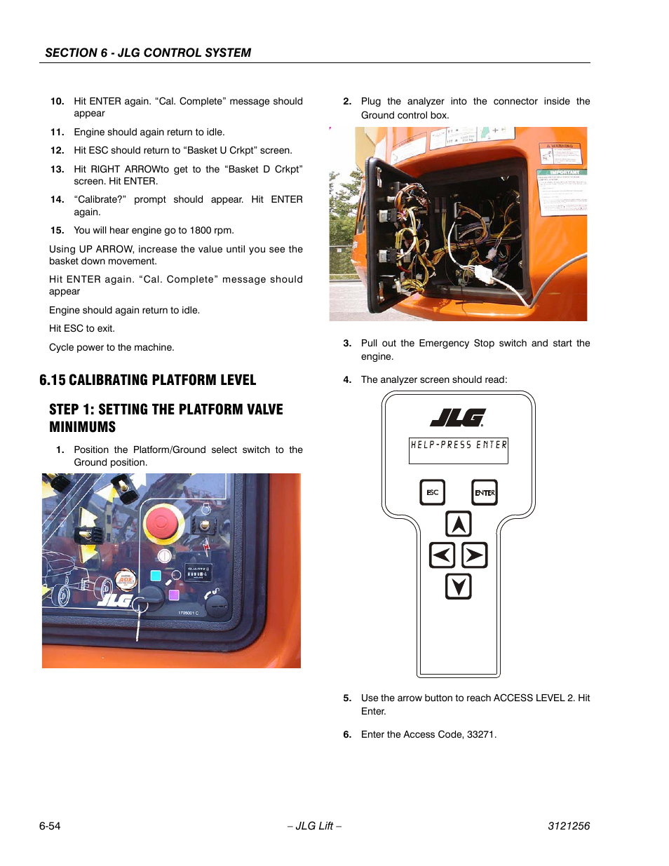 15 calibrating platform level, Step 1: setting the platform valve minimums, Calibrating platform level -54 | Step 1: setting the platform valve minimums -54 | JLG 1100S Service Manual User Manual | Page 328 / 442