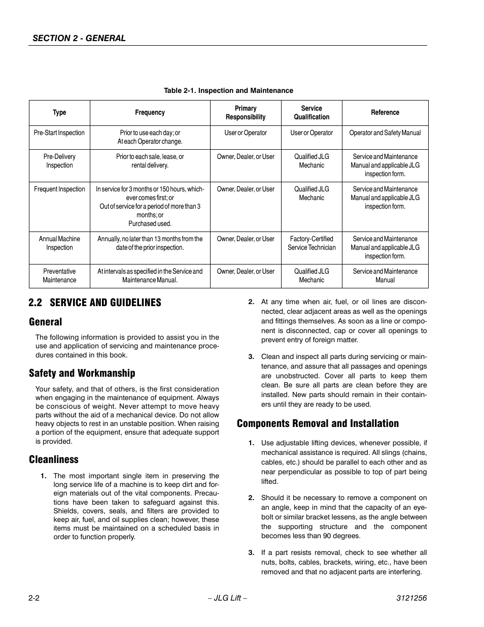 2 service and guidelines, General, Safety and workmanship | Cleanliness, Components removal and installation, Service and guidelines -2, Inspection and maintenance -2, 2 service and guidelines general | JLG 1100S Service Manual User Manual | Page 34 / 442