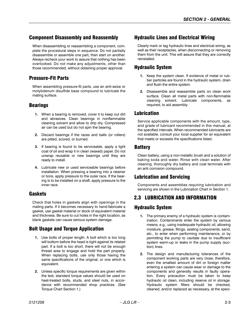 Component disassembly and reassembly, Pressure-fit parts, Bearings | Gaskets, Bolt usage and torque application, Hydraulic lines and electrical wiring, Hydraulic system, Lubrication, Battery, Lubrication and servicing | JLG 1100S Service Manual User Manual | Page 35 / 442