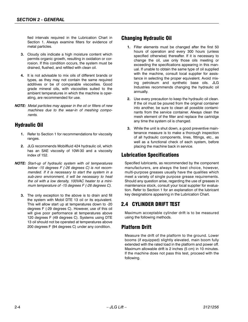 Hydraulic oil, Changing hydraulic oil, Lubrication specifications | 4 cylinder drift test, Platform drift, Cylinder drift test -4, Platform drift -4 | JLG 1100S Service Manual User Manual | Page 36 / 442