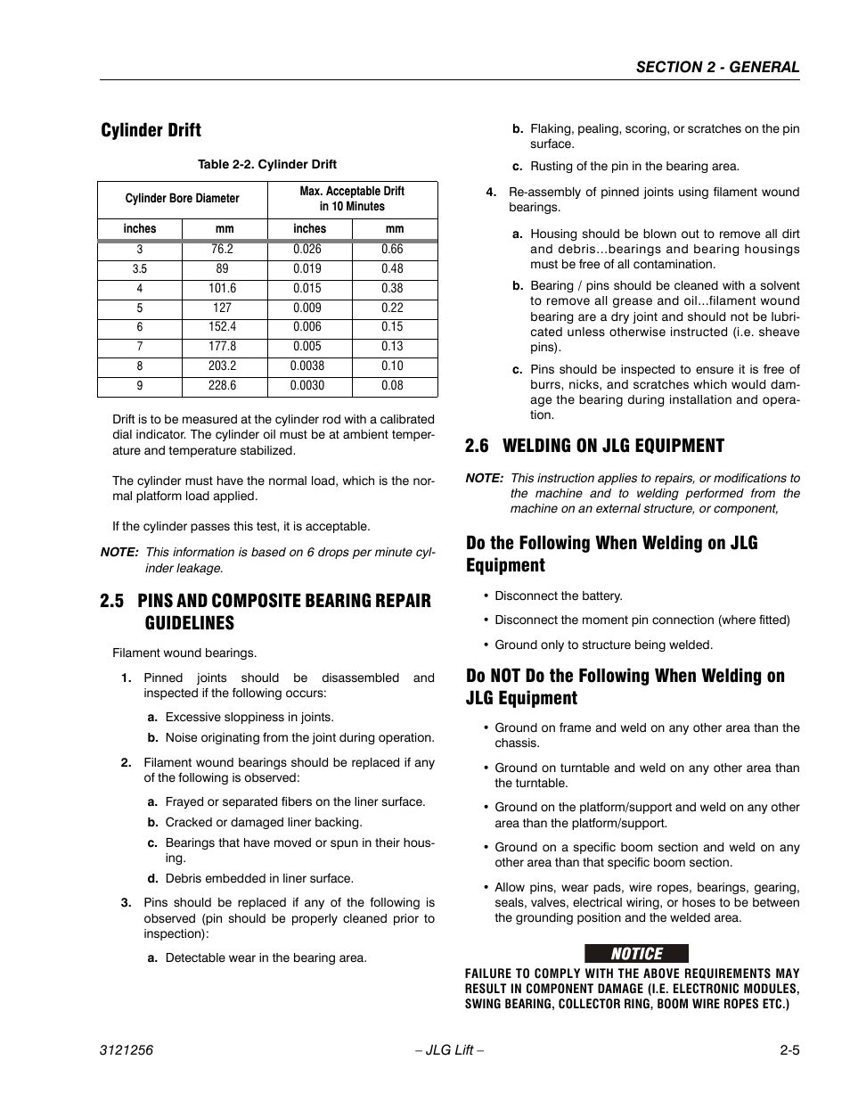 Cylinder drift, 5 pins and composite bearing repair guidelines, 6 welding on jlg equipment | Do the following when welding on jlg equipment, Cylinder drift -5, Pins and composite bearing repair guidelines -5, Welding on jlg equipment -5 | JLG 1100S Service Manual User Manual | Page 37 / 442