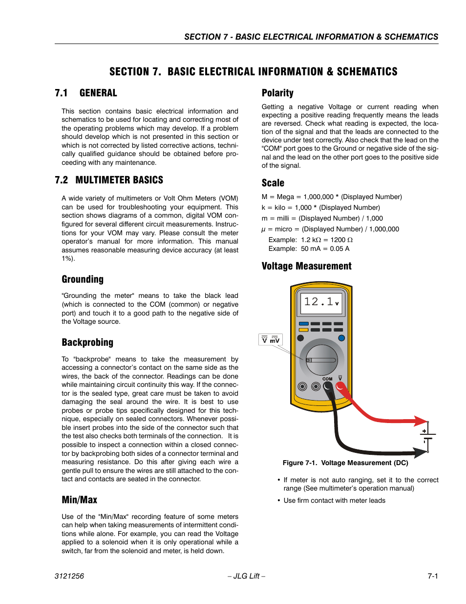 1 general, 2 multimeter basics, Grounding | Backprobing, Min/max, Polarity, Scale, Voltage measurement, General -1, Multimeter basics -1 | JLG 1100S Service Manual User Manual | Page 403 / 442