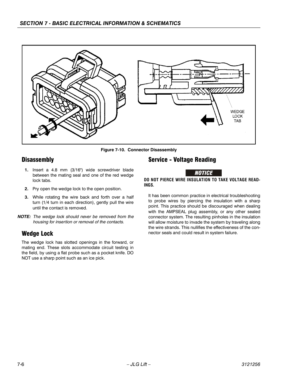 Disassembly, Wedge lock, Service - voltage reading | Connector disassembly -6 | JLG 1100S Service Manual User Manual | Page 408 / 442