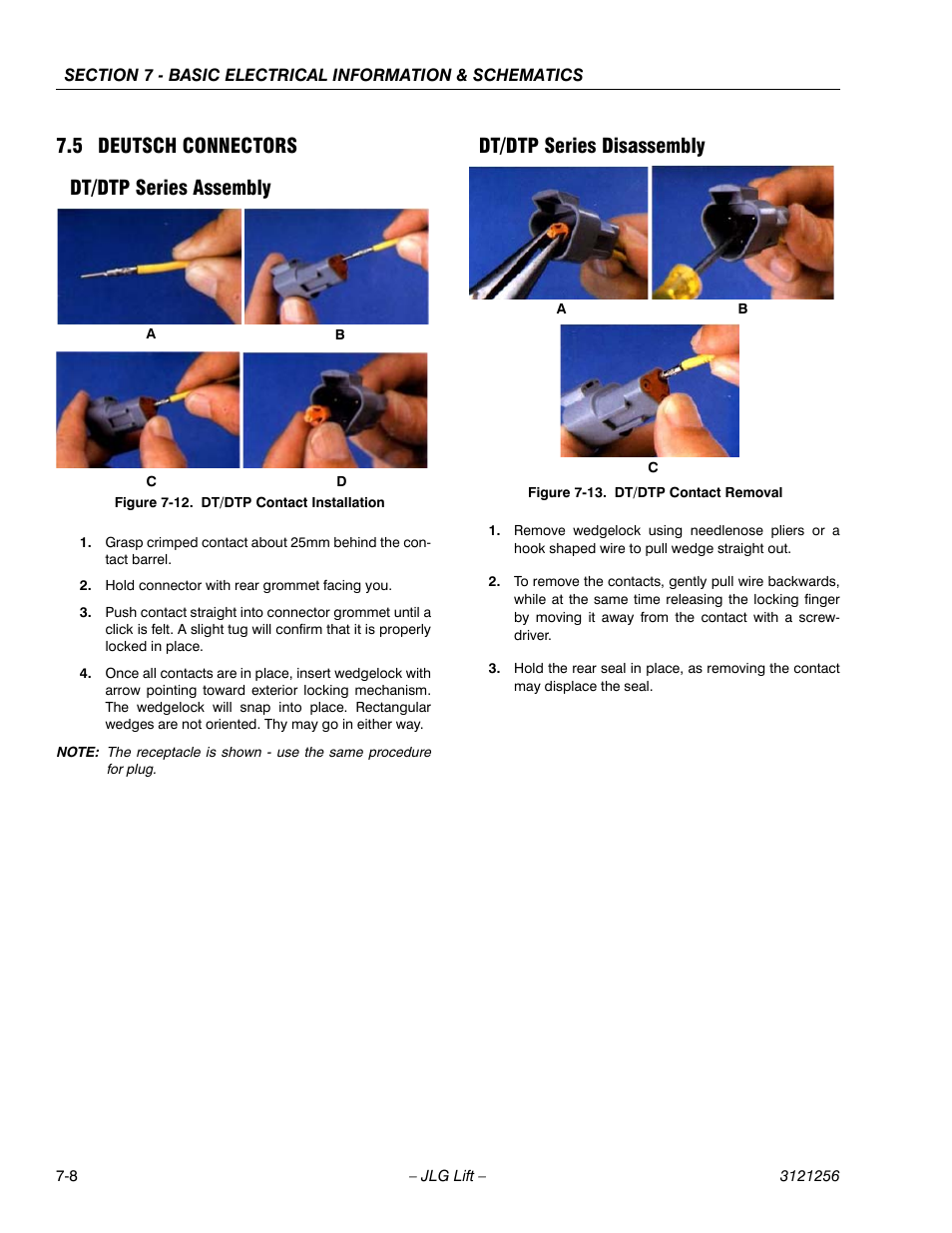 5 deutsch connectors, Dt/dtp series assembly, Dt/dtp series disassembly | Deutsch connectors -8, Dt/dtp contact installation -8, Dt/dtp contact removal -8, 5 deutsch connectors dt/dtp series assembly | JLG 1100S Service Manual User Manual | Page 410 / 442