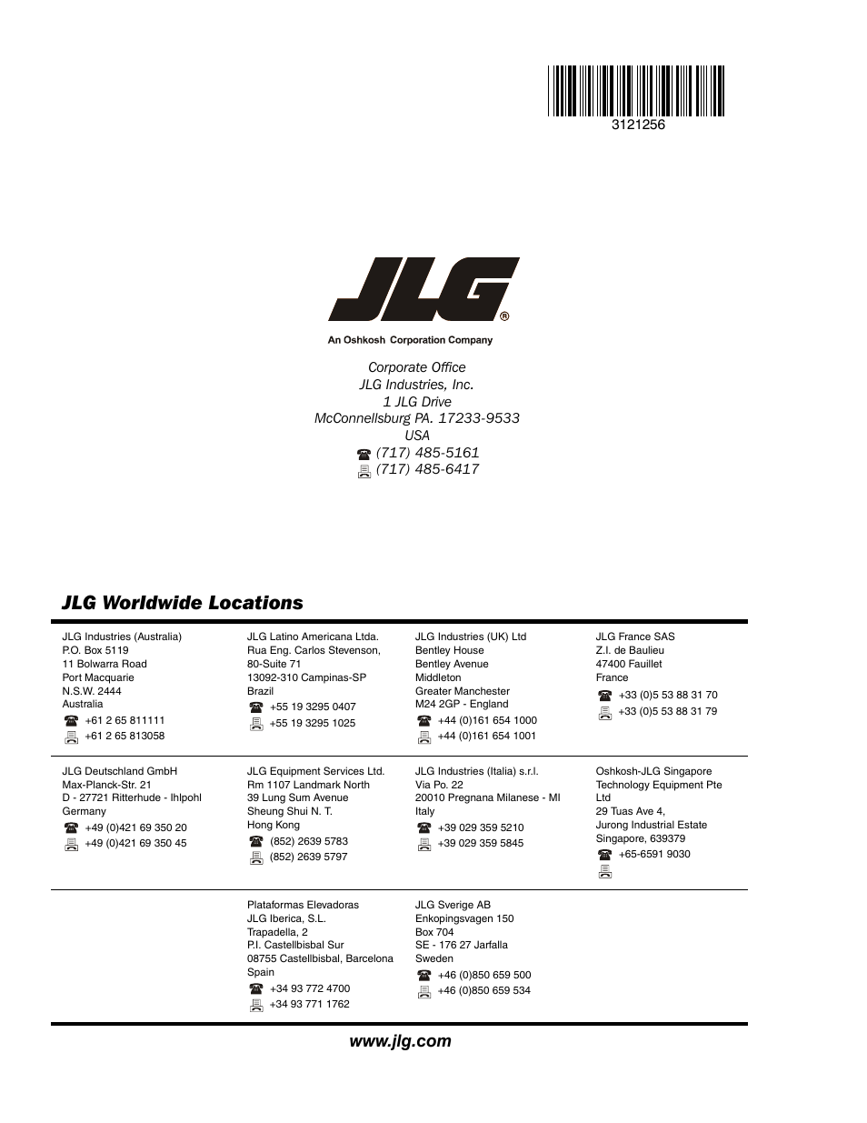 Jlg worldwide locations | JLG 1100S Service Manual User Manual | Page 442 / 442