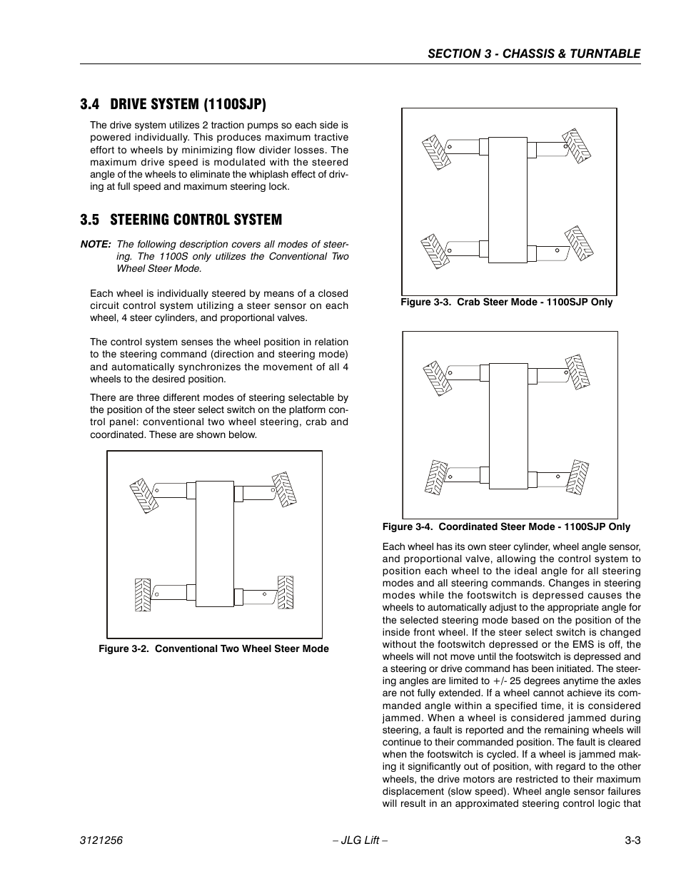 4 drive system (1100sjp), 5 steering control system, Drive system (1100sjp) -3 | Steering control system -3, Conventional two wheel steer mode -3, Crab steer mode - 1100sjp only -3, Coordinated steer mode - 1100sjp only -3 | JLG 1100S Service Manual User Manual | Page 45 / 442