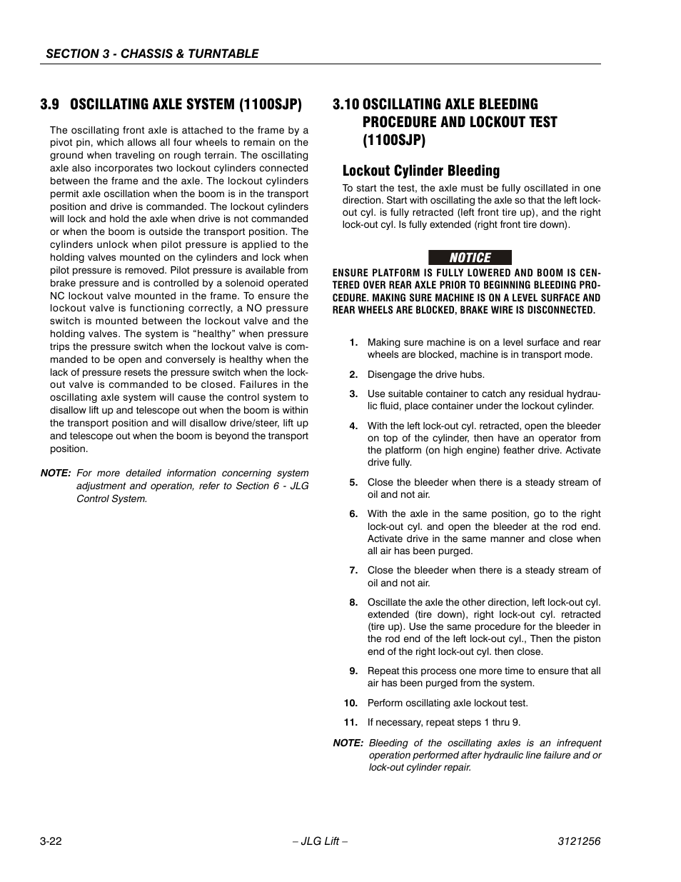 9 oscillating axle system (1100sjp), Lockout cylinder bleeding, Oscillating axle system (1100sjp) -22 | Lockout cylinder bleeding -22 | JLG 1100S Service Manual User Manual | Page 64 / 442