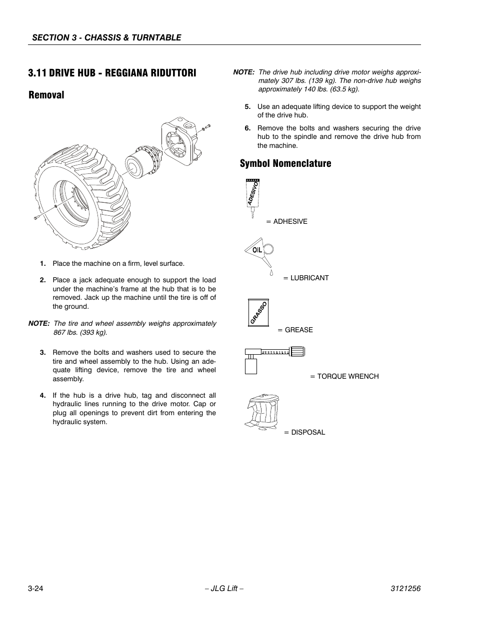 11 drive hub - reggiana riduttori, Removal, Symbol nomenclature | Drive hub - reggiana riduttori -24, Removal -24 symbol nomenclature -24, 11 drive hub - reggiana riduttori removal | JLG 1100S Service Manual User Manual | Page 66 / 442