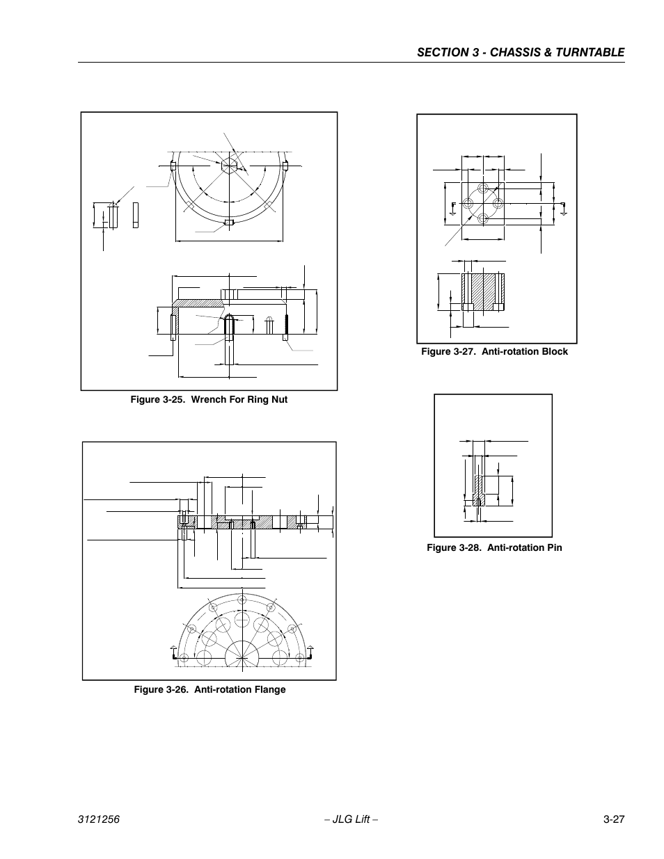 Wrench for ring nut -27, Anti-rotation flange -27, Anti-rotation block -27 | Anti-rotation pin -27, M- 1020, M- 1126, M- 1125, Figure 3-25. wrench for ring nut, Figure 3-26. anti-rotation flange, Figure 3-27. anti-rotation block | JLG 1100S Service Manual User Manual | Page 69 / 442