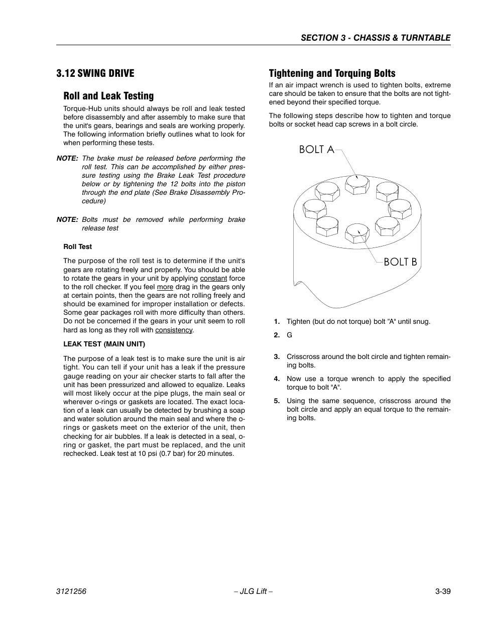 12 swing drive, Roll and leak testing, Tightening and torquing bolts | Swing drive -39, 12 swing drive roll and leak testing | JLG 1100S Service Manual User Manual | Page 81 / 442