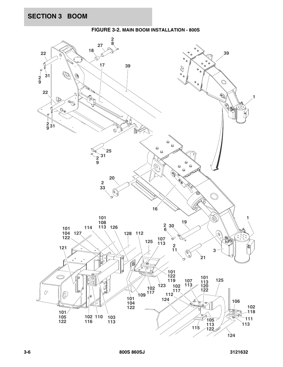 Figure 3-2. main boom installation - 800s | JLG 860SJ Parts Manual User Manual | Page 128 / 268