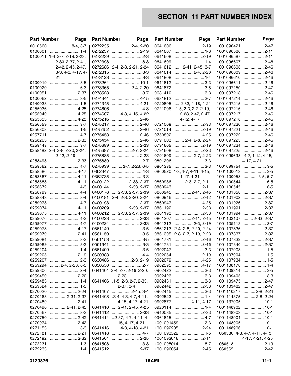 Section 11 part number index, 11 - part number index -1 | JLG 15AMI (3120876-2013) Parts Manual User Manual | Page 129 / 134