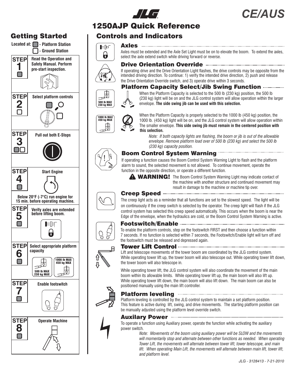 JLG 1250AJP Quick Reference Guide User Manual | 2 pages