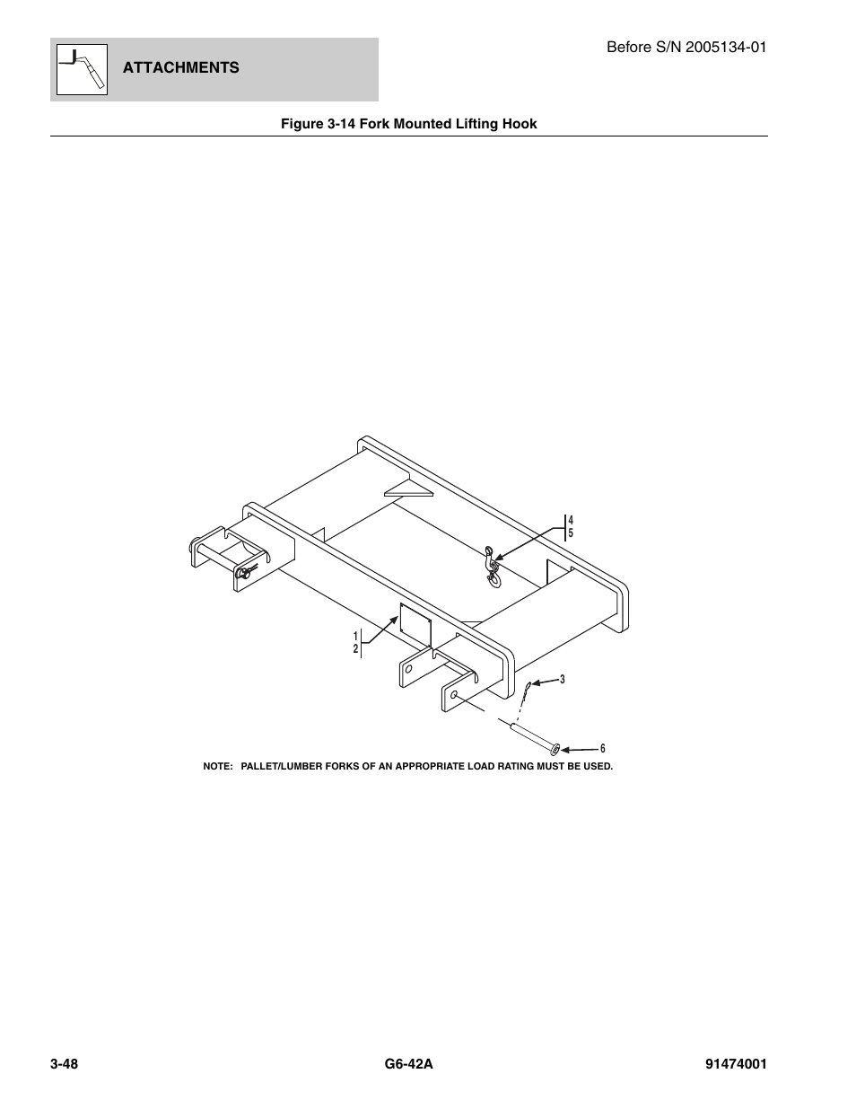 Figure 3-14 fork mounted lifting hook, Fork mounted lifting hook -48 | JLG G6-42A Parts Manual User Manual | Page 102 / 826