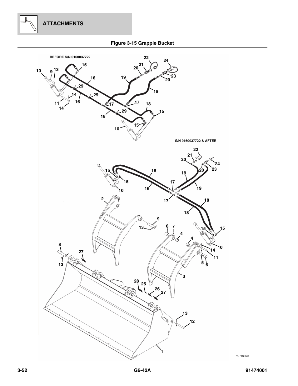 Figure 3-15 grapple bucket, Grapple bucket -52 | JLG G6-42A Parts Manual User Manual | Page 106 / 826
