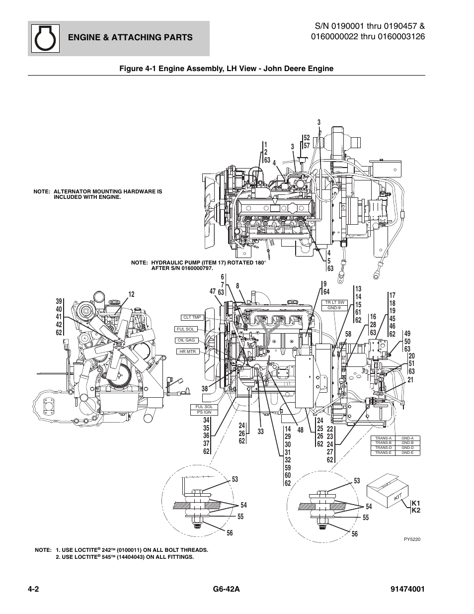 Engine assembly, lh view - john deere engine -2, Engine & attaching parts | JLG G6-42A Parts Manual User Manual | Page 128 / 826