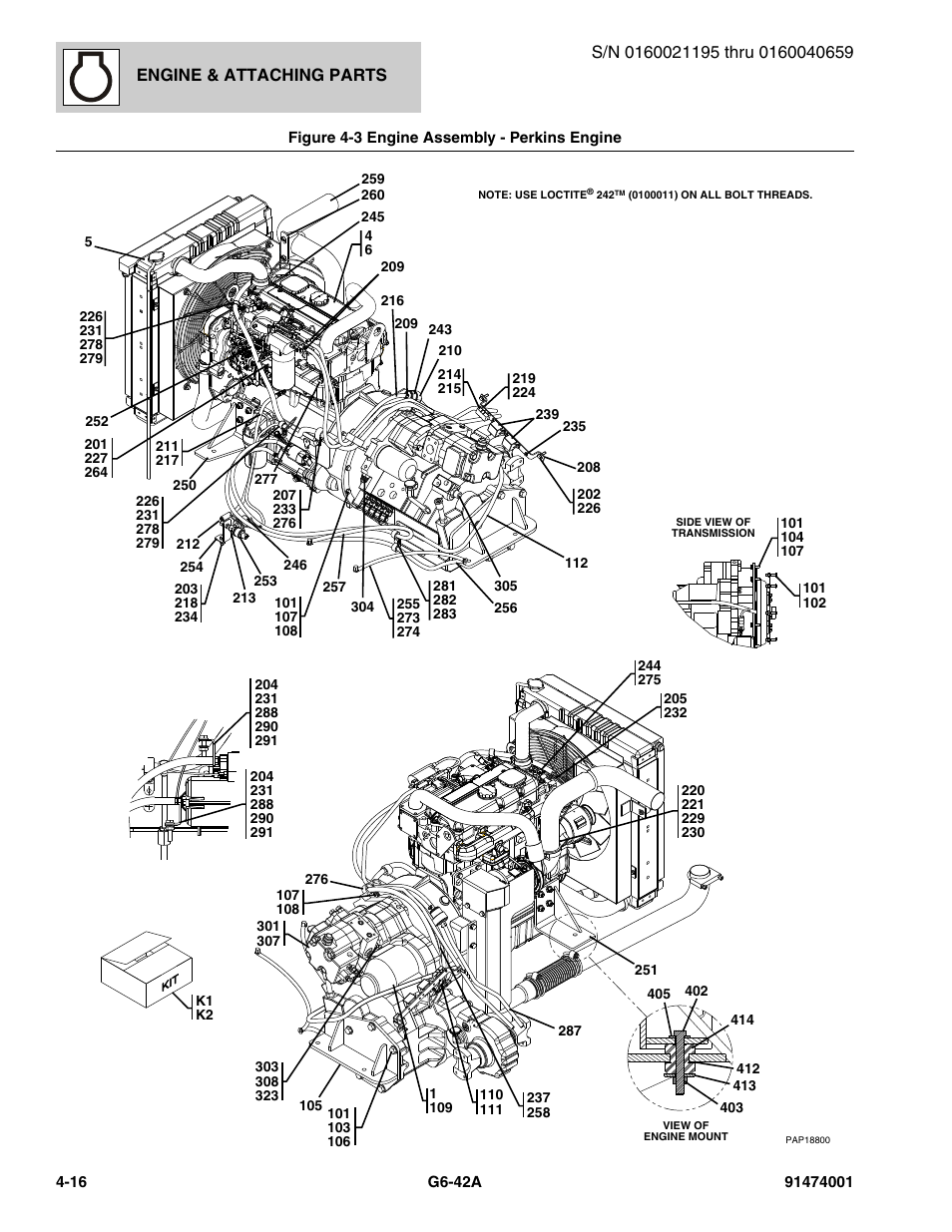Figure 4-3 engine assembly - perkins engine, Engine assembly - perkins engine -16, Engine & attaching parts | JLG G6-42A Parts Manual User Manual | Page 142 / 826
