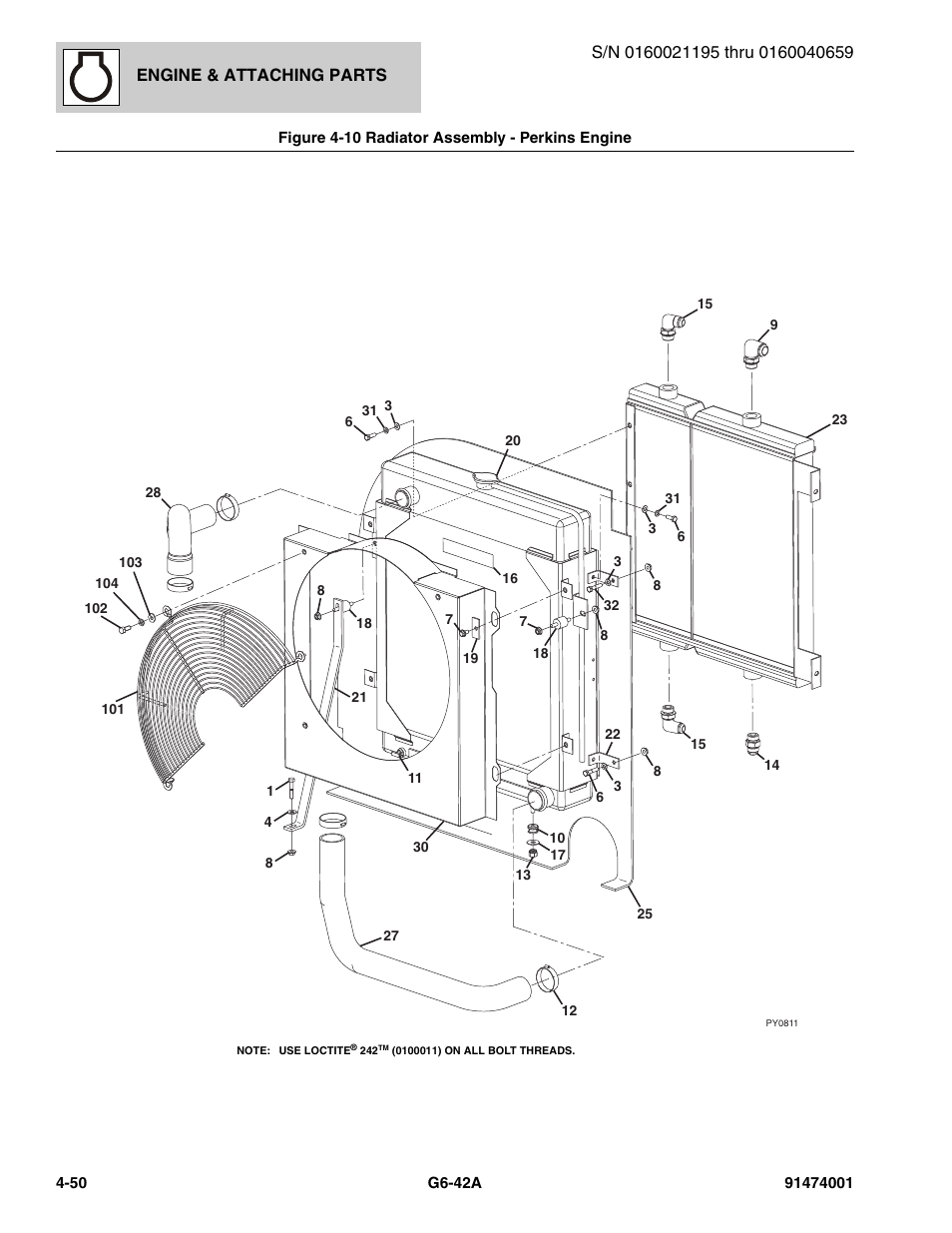 Figure 4-10 radiator assembly - perkins engine, Radiator assembly - perkins engine -50, Ssy, (see figure 4-10 for details) | JLG G6-42A Parts Manual User Manual | Page 176 / 826