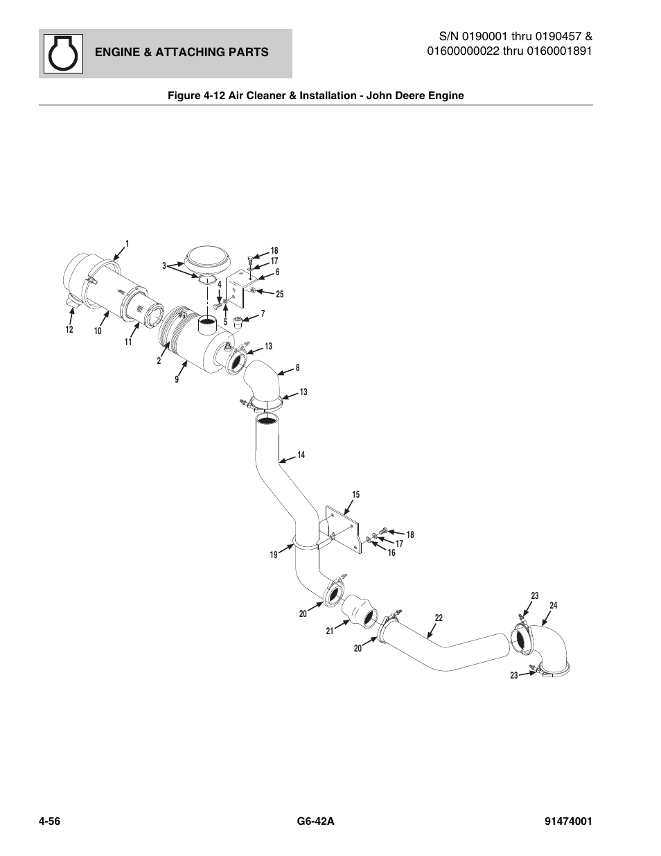 Air cleaner & installation - john deere engine -56, Tion, (see figure 4-12 for details) | JLG G6-42A Parts Manual User Manual | Page 182 / 826