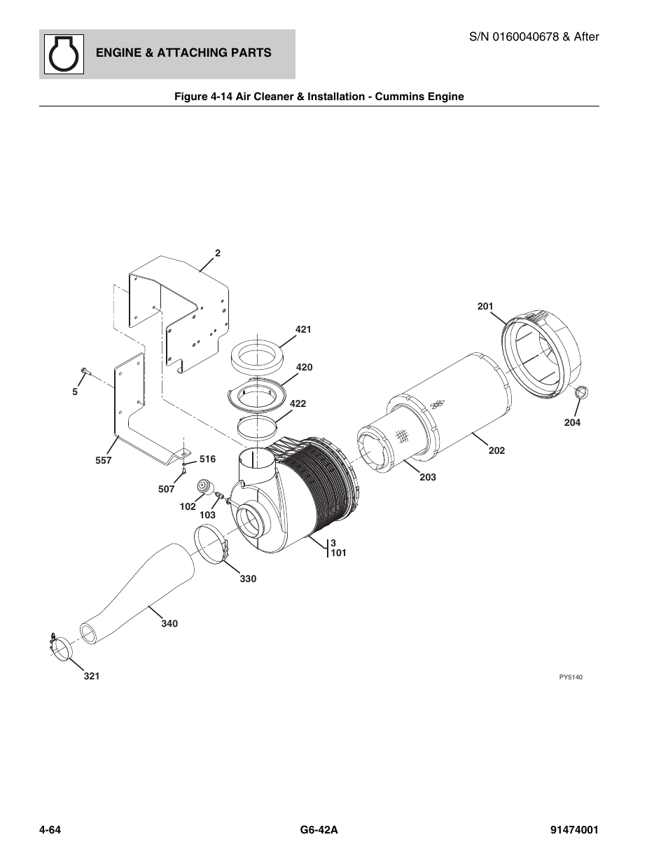 Air cleaner & installation - cummins engine -64, Band clamp, (see figure 4-14 for details), Clamp, (see figure 4-14 for details) | E, (see figure 4-14 for details) | JLG G6-42A Parts Manual User Manual | Page 190 / 826
