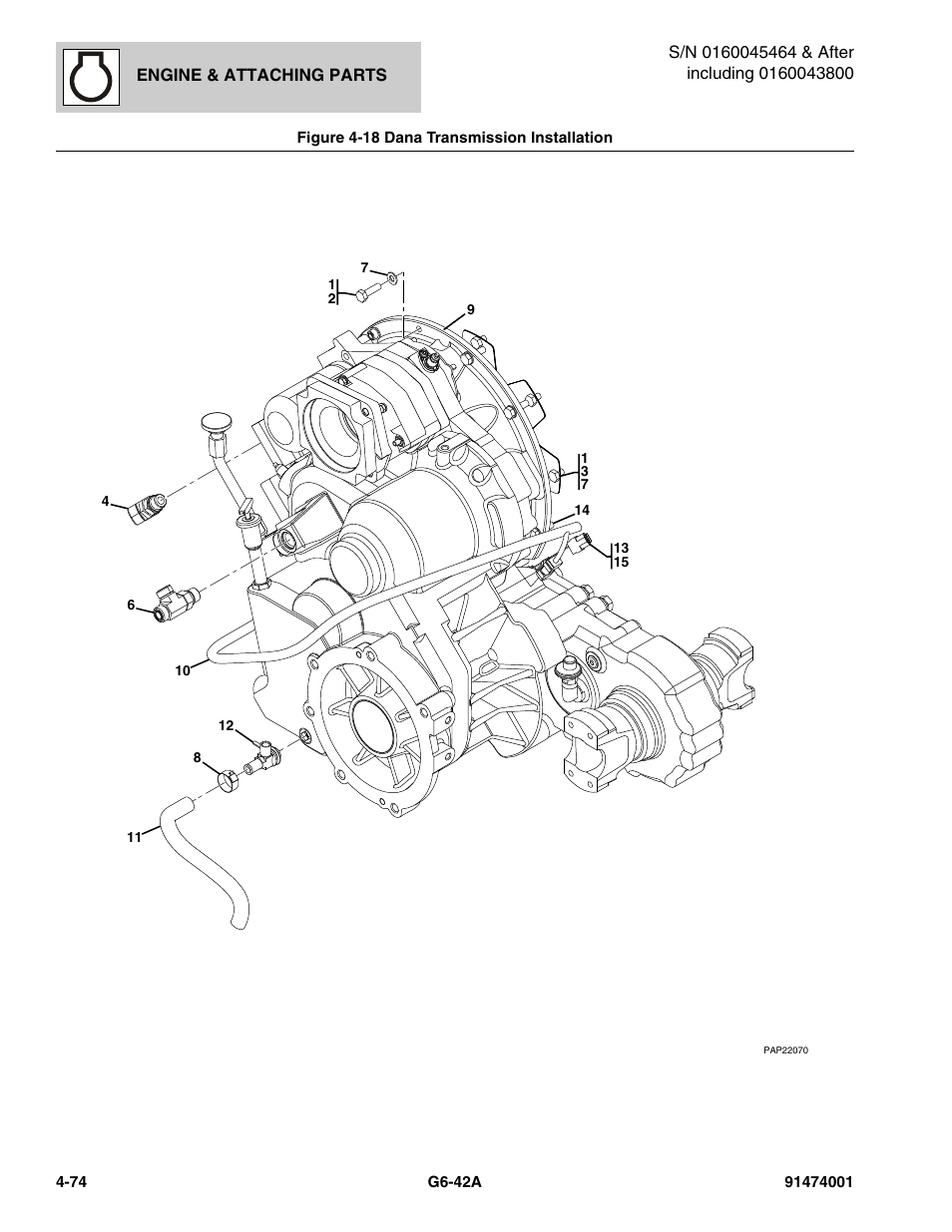 Figure 4-18 dana transmission installation, Dana transmission installation -74, Tion, (see figure 4-18 for details) | JLG G6-42A Parts Manual User Manual | Page 200 / 826
