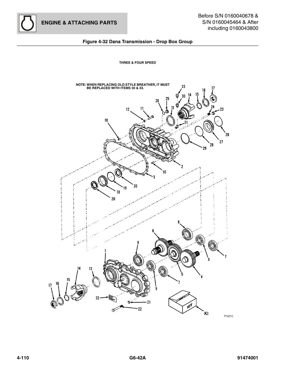 Figure 4-32 dana transmission - drop box group, Dana transmission - drop box group -110, 32 f | Figure 4-32), Seal kit, (see figure 4-32 for details) | JLG G6-42A Parts Manual User Manual | Page 236 / 826
