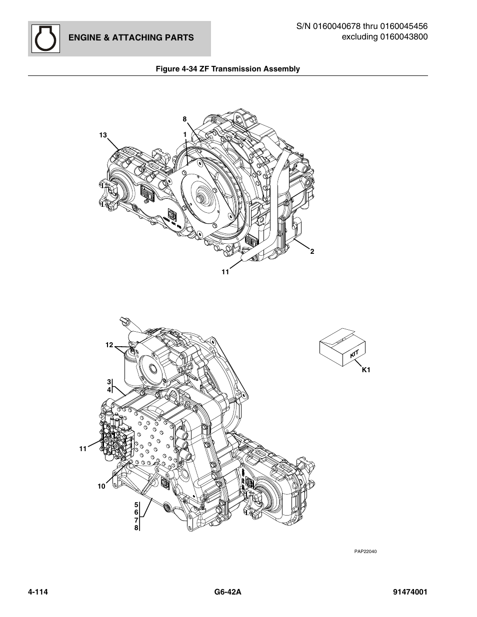Figure 4-34 zf transmission assembly, Zf transmission assembly -114, Zf transmission, (see figure 4-34 for details) | JLG G6-42A Parts Manual User Manual | Page 240 / 826