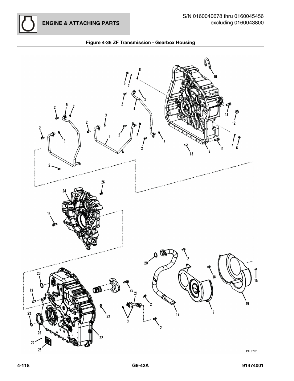 Figure 4-36 zf transmission - gearbox housing, Zf transmission - gearbox housing -118, Using, (see figure 4-36 for details) | JLG G6-42A Parts Manual User Manual | Page 244 / 826
