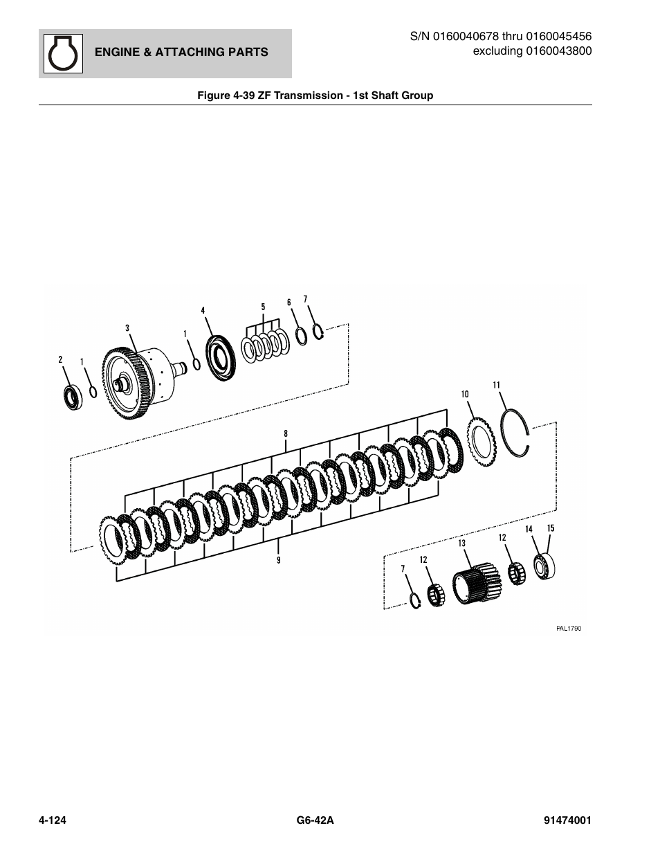 Figure 4-39 zf transmission - 1st shaft group, Zf transmission - 1st shaft group -124, Oup, (see figure 4-39 for details) | JLG G6-42A Parts Manual User Manual | Page 250 / 826