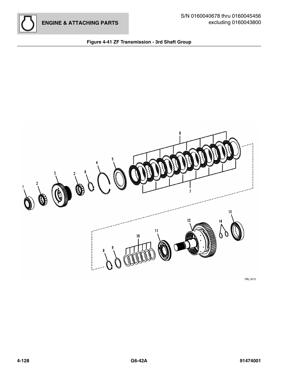 Figure 4-41 zf transmission - 3rd shaft group, Zf transmission - 3rd shaft group -128, Oup, (see figure 4-41 for details) | JLG G6-42A Parts Manual User Manual | Page 254 / 826