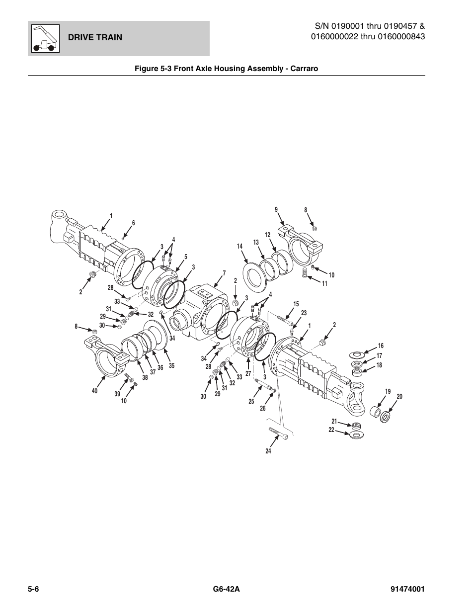 Figure 5-3 front axle housing assembly - carraro, Front axle housing assembly - carraro -6, Housing assy, (see figure 5-3 for details) | JLG G6-42A Parts Manual User Manual | Page 274 / 826