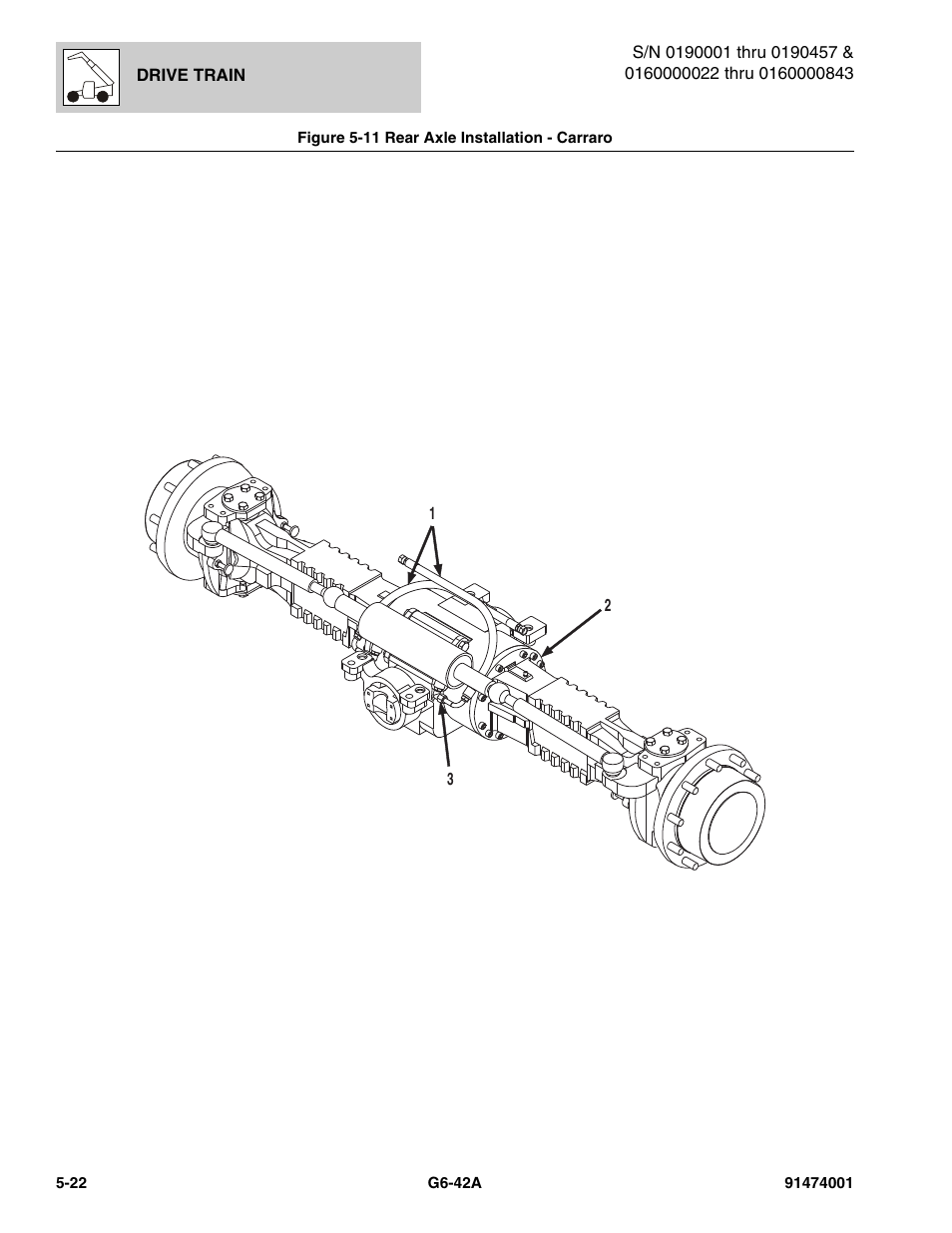 Figure 5-11 rear axle installation - carraro, Rear axle installation - carraro -22 | JLG G6-42A Parts Manual User Manual | Page 290 / 826