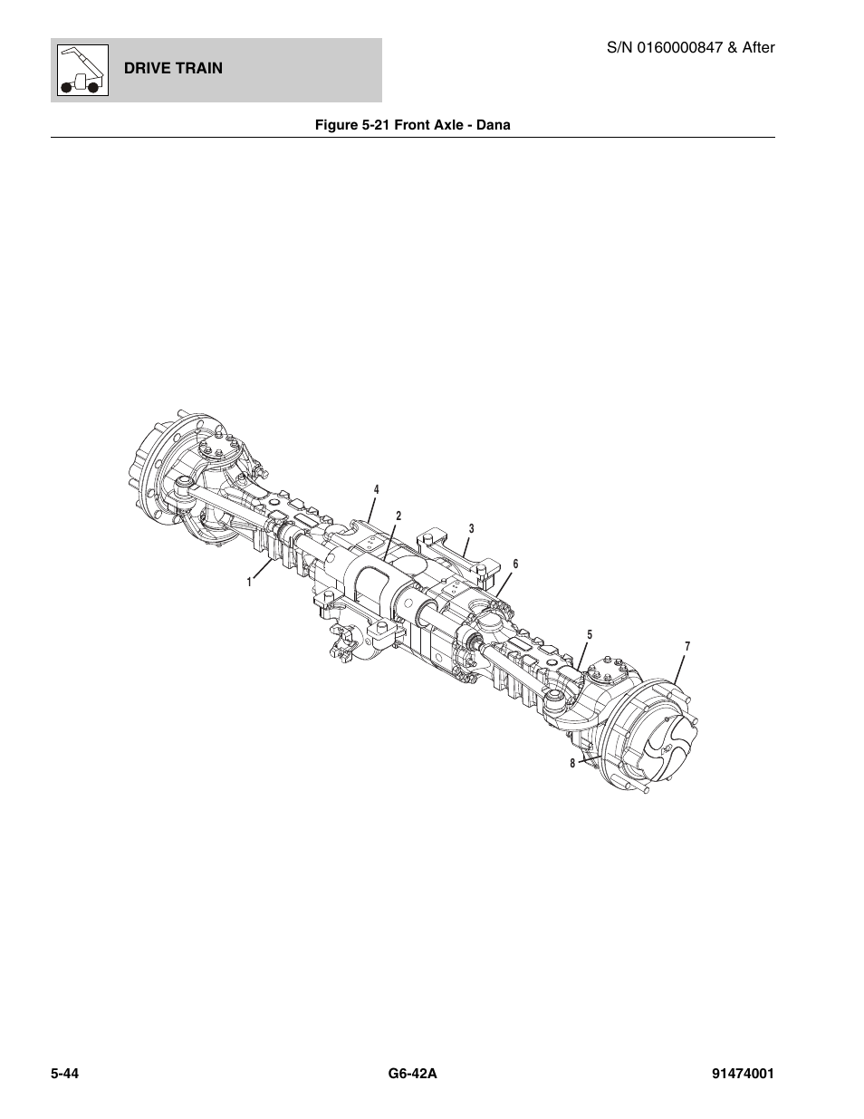 Figure 5-21 front axle - dana, Front axle - dana -44 | JLG G6-42A Parts Manual User Manual | Page 312 / 826